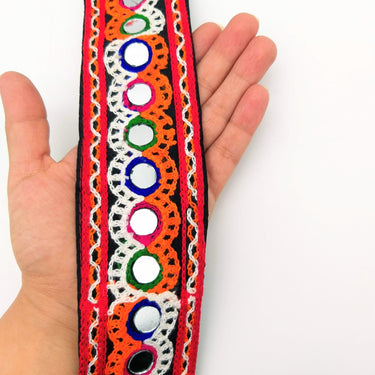 Black Cotton Fabric Trim with Multicolor Embroidery and Real Mirror, Kutch Embroidery Trim, Mirror Lace